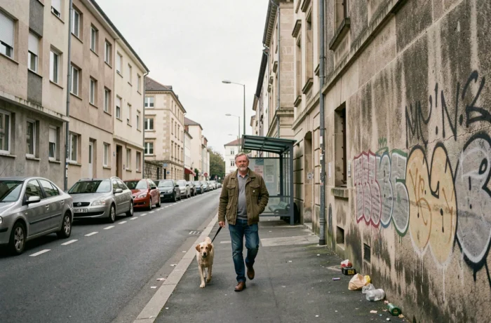 Rue résidentielle d'un quartier populaire de Blois avec immeubles HLM des années 70 et passant promenant son chien