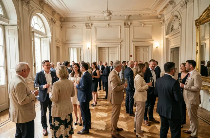 Réception de mariage élégante dans un salon haussmannien avec invités en tenue formelle