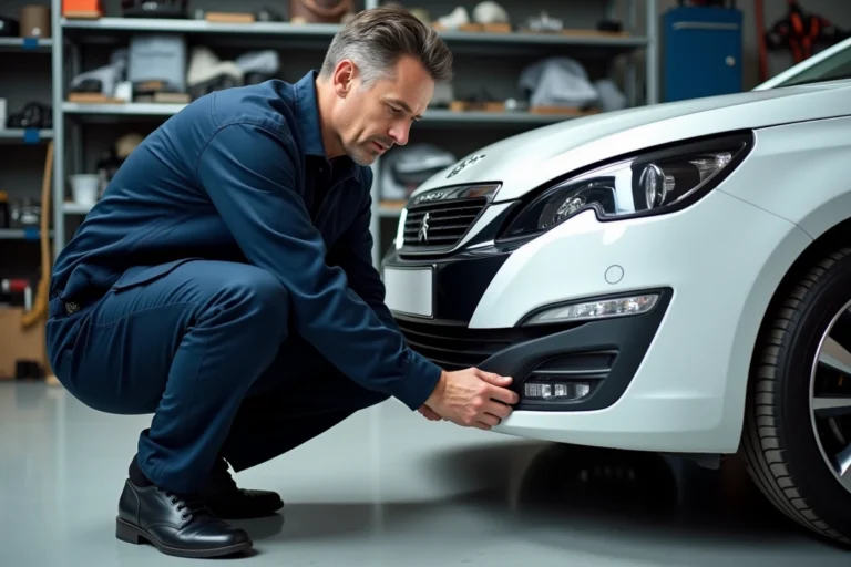 Technicien automobile remplaçant les feux diurnes d'une Peugeot 308 blanche dans un garage privé