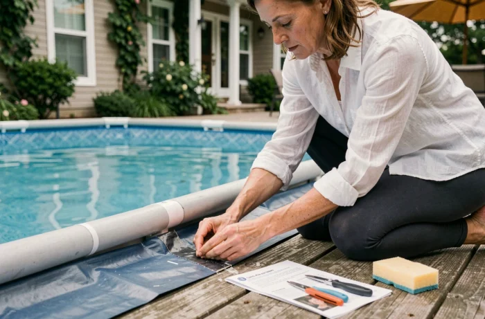 Femme effectuant une réparation sur le liner d'une piscine hors sol ovale pour prolonger sa durée de vie