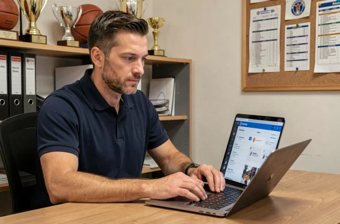 Responsable de club de basket accédant au portail extranet FBI FFBB sur un ordinateur portable dans un bureau de club
