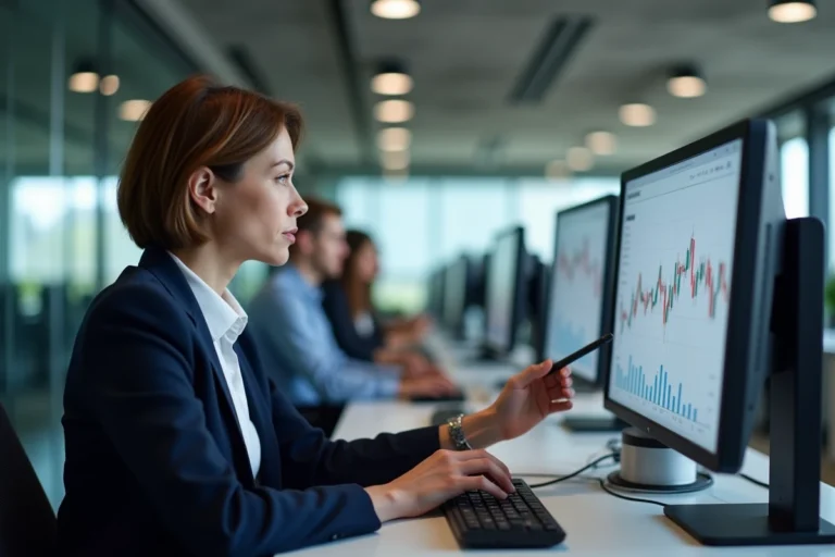 Responsable de gestion négoce analysant un logiciel ERP sur écrans doubles dans un bureau moderne