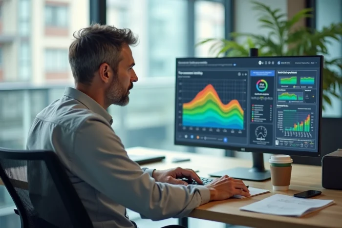 Responsable mobilité d'entreprise analysant des données de trajets domicile-travail sur un écran d'ordinateur avec des graphiques de réduction de CO2