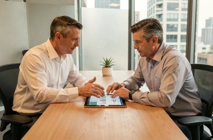 Deux dirigeants d'entreprise consultant une plateforme de gestion bancaire sur une tablette en salle de réunion