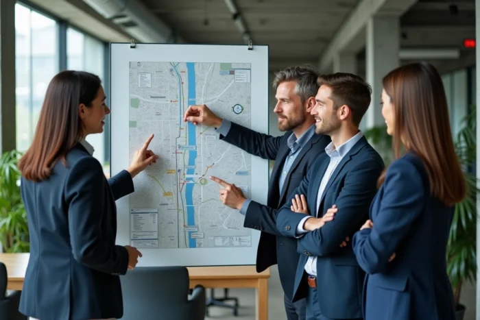 Équipe de professionnels en entreprise discutant autour d'un plan de mobilité affiché sur une paroi vitrée dans un open space moderne