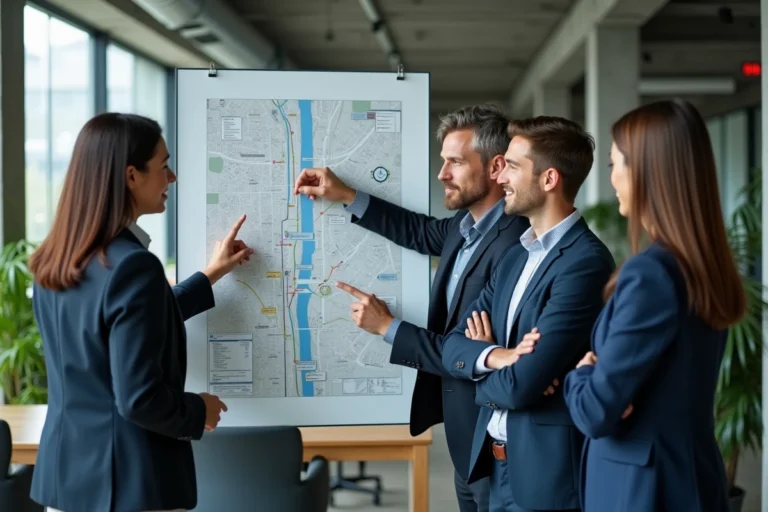Équipe de professionnels en entreprise discutant autour d'un plan de mobilité affiché sur une paroi vitrée dans un open space moderne
