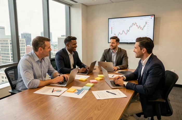 Équipe de professionnels en réunion stratégique autour d'une table de conférence moderne avec graphiques de tendances business