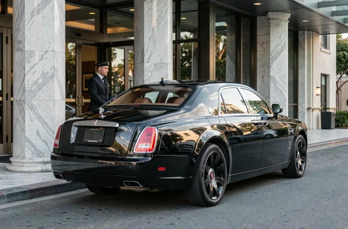 Rolls-Royce Phantom noire devant un hôtel de luxe à Beverly Hills, voiture emblématique de star