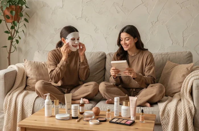 Deux femmes testant des soins beauté et masques hydratants sur un canapé en lin dans un salon chaleureux