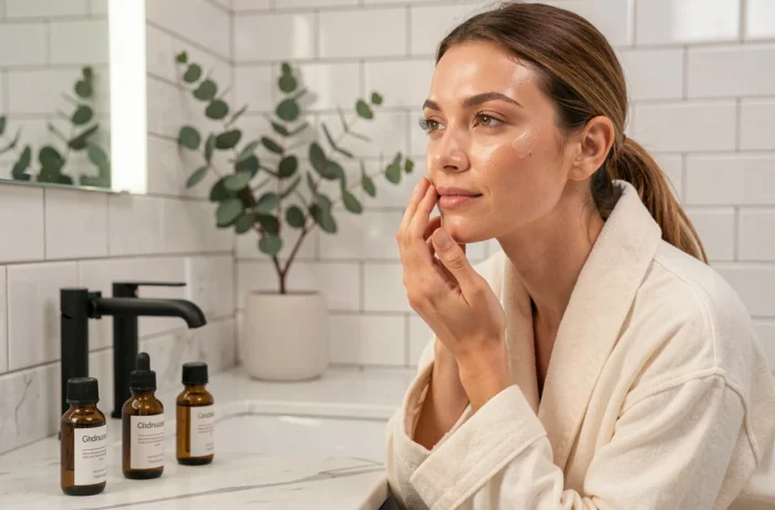 Femme appliquant une crème teintée devant une coiffeuse en marbre dans une salle de bain scandinave épurée