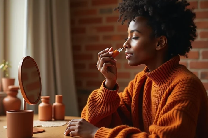 Femme appliquant un sérum visage devant une coiffeuse en bois dans un intérieur cosy aux murs en briques