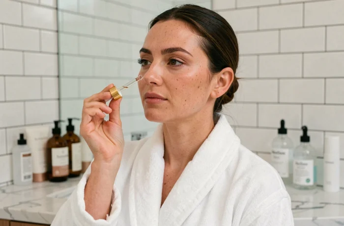 Femme appliquant un sérum visage dans une salle de bain minimaliste avec des produits de soin soigneusement disposés sur un comptoir en marbre
