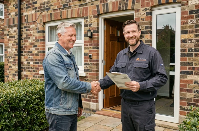Propriétaire serrant la main d'un artisan vitrier devant sa maison après un dépannage réussi, fenêtre double vitrage nouvellement posée visible en arrière-plan