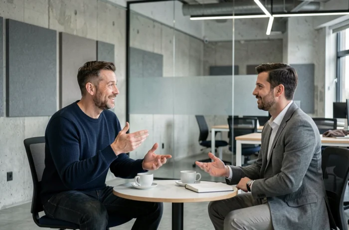 Séance de coaching professionnel entre un coach et son client dans un espace de coworking moderne