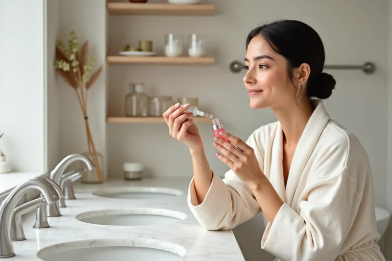 Femme appliquant un sérum sur son visage devant une coiffeuse en marbre blanc avec une sélection de produits de beauté tendance soigneusement disposés