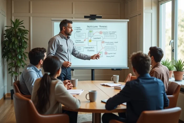 Groupe d'employés participant à une session de formation professionnelle obligatoire animée par un formateur en entreprise