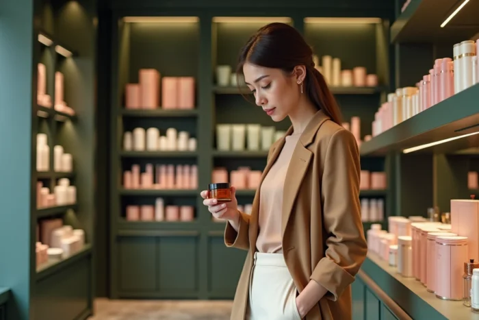 Jeune femme choisissant un soin hydratant dans une boutique de beauté concept store parisien avec des rayons de produits cosmétiques tendance