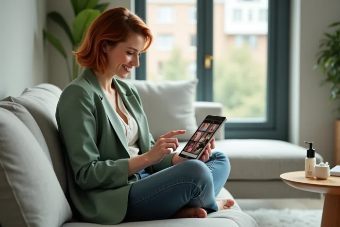 Femme parcourant une boutique beauté en ligne sur une tablette depuis son salon moderne et lumineux