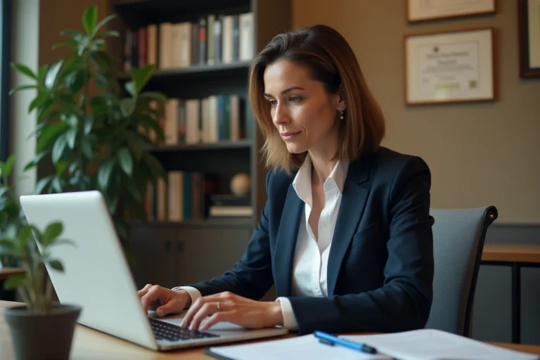 Femme enseignante configurant sa signature professionnelle sur la messagerie académique Aix Marseille depuis son bureau universitaire