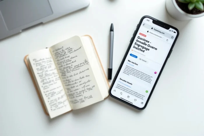 Vue de dessus d'un smartphone affichant une URL de streaming dans un navigateur, posé à côté d'un carnet de notes avec des adresses web manuscrites