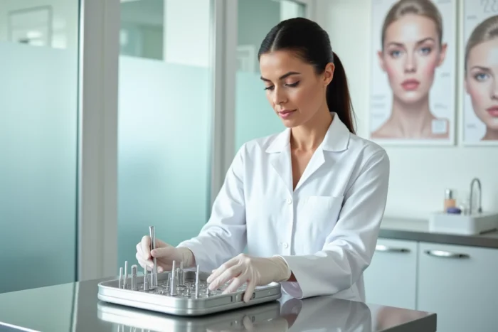 Esthéticienne médicale préparant des soins esthétiques dans une salle de traitement moderne et épurée à Cannes