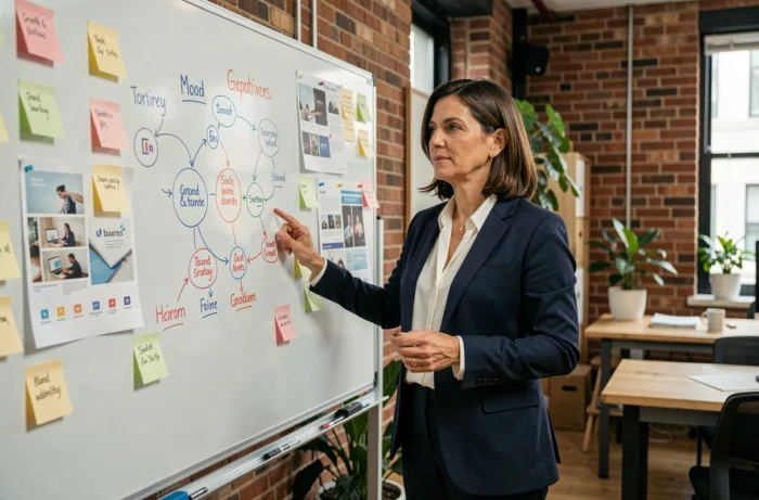 Cheffe d'entreprise présentant une stratégie de branding sur un tableau de bord créatif dans un bureau de PME moderne