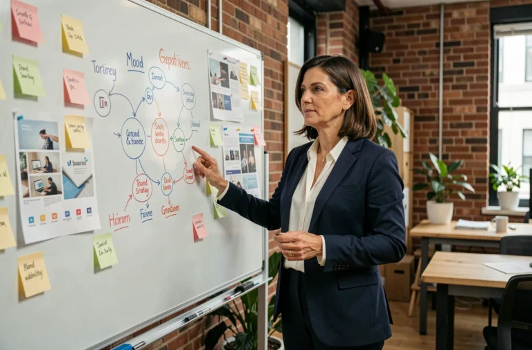 Cheffe d'entreprise présentant une stratégie de branding sur un tableau de bord créatif dans un bureau de PME moderne