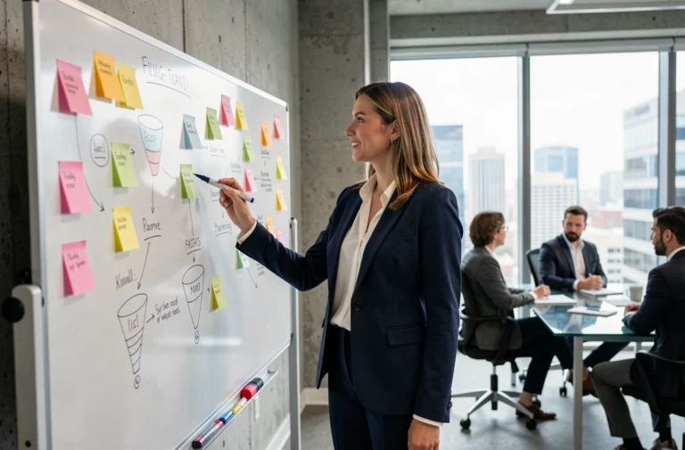 Femme professionnelle présentant une stratégie marketing innovante devant un tableau blanc dans un bureau moderne