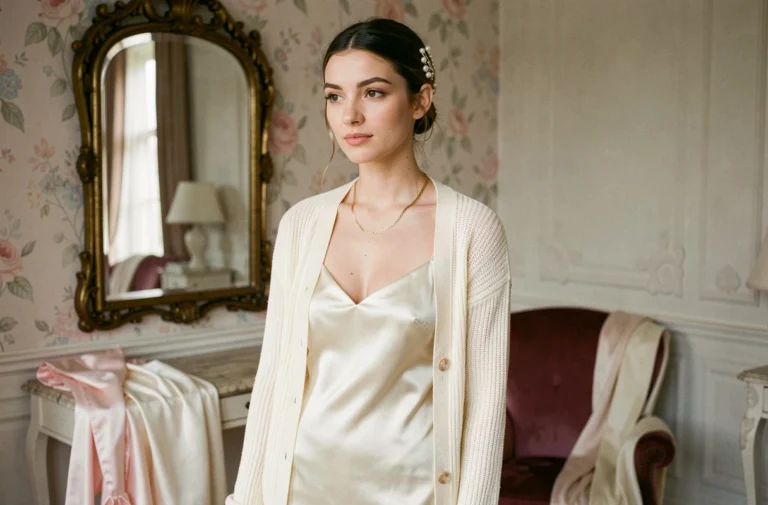 Jeune femme élégante en robe slip satin ivoire accessoirisée de bijoux dorés et d'une épingle ornée de perles dans une chambre de style parisien