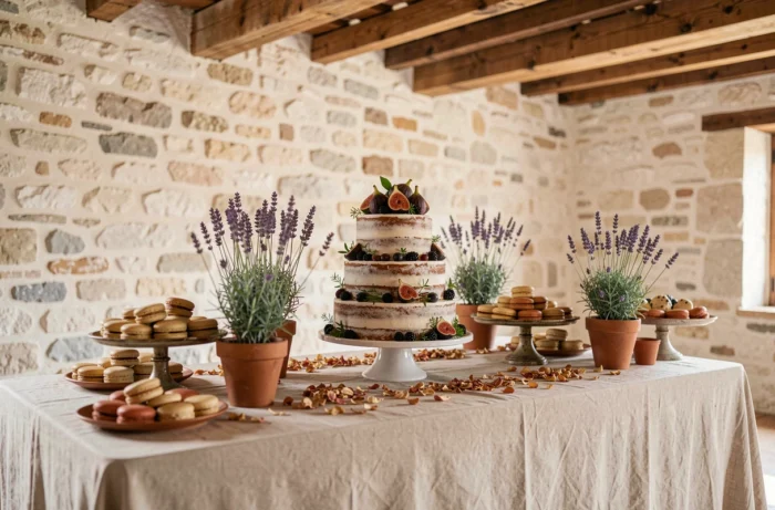Table de desserts de mariage rustique avec gâteau naked cake, macarons et décorations florales dans une ferme provençale