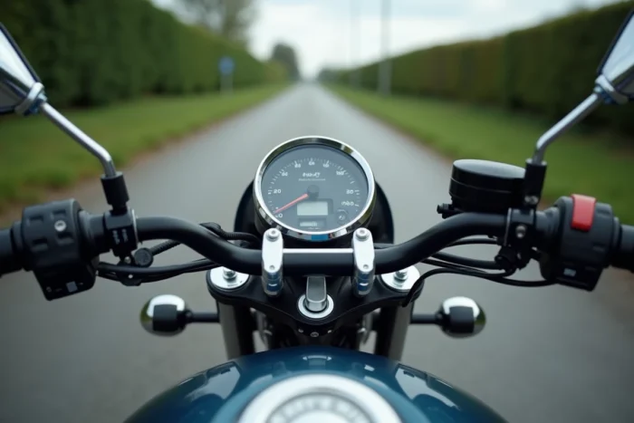 Gros plan sur le tableau de bord et le guidon de la Honda Dax ST 125 avec route rurale en arrière-plan