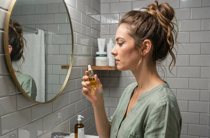 Jeune femme inspectant son soin visage devant un miroir en laiton dans une salle de bain urbaine moderne