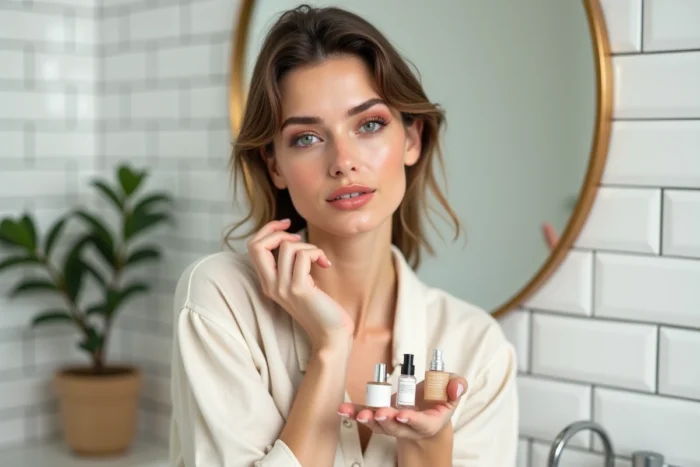 Jeune femme tenant des produits de beauté tendance sur un plan en marbre dans une salle de bain scandinave épurée