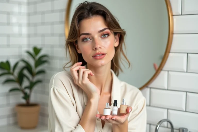 Jeune femme tenant des produits de beauté tendance sur un plan en marbre dans une salle de bain scandinave épurée