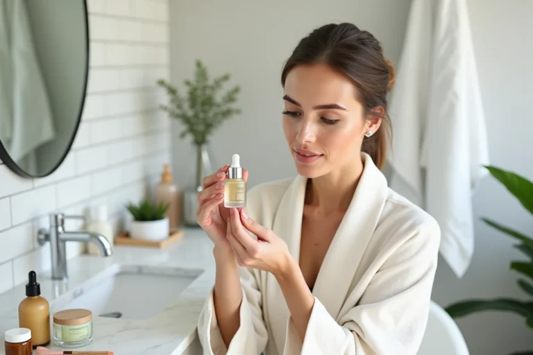 Femme aux soins de beauté tenant un sérum de luxe devant un miroir dans une salle de bain minimaliste