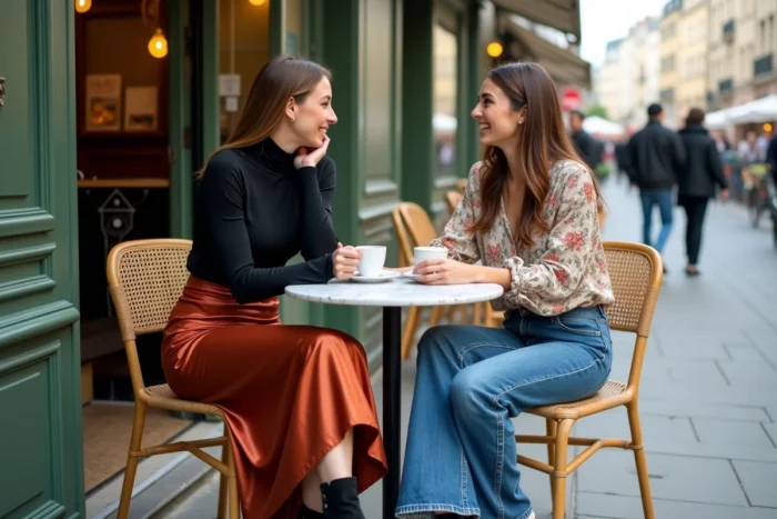 Deux femmes tendance assises en terrasse parisienne portant des tenues mode automnales contrastées, jupe satin rouille et denim large, style éditorial