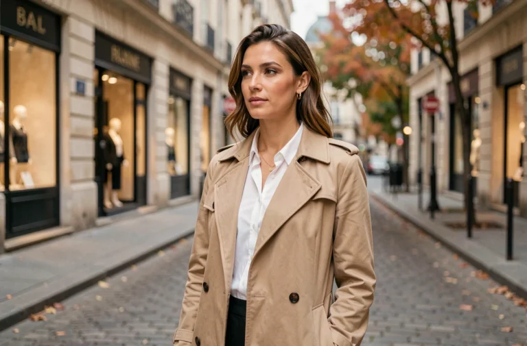 Femme élégante portant un trench coat beige de la maison DLG Fashion dans une rue parisienne pavée en automne