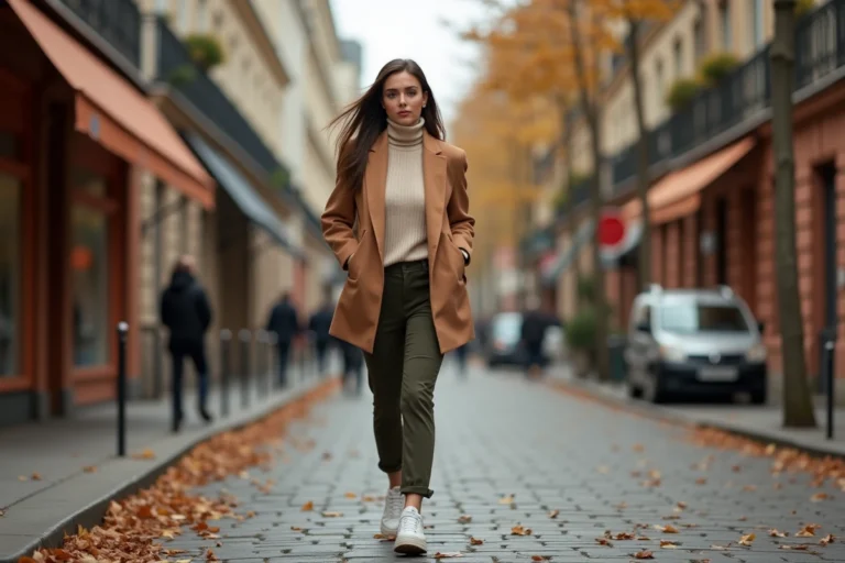 Femme élégante portant un blazer camel oversize et un col roulé crème sur une rue pavée parisienne en automne, tendances mode saison