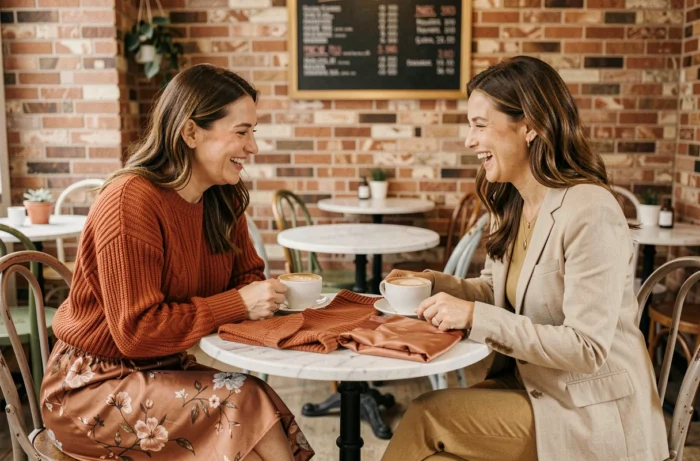 Deux femmes comparant des vêtements tendance autour d'un café dans un bistrot parisien chaleureux