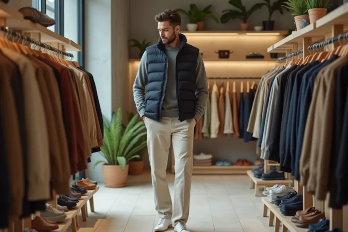 Homme jeune en veste doudoune marine et chino ecru explorant les nouvelles collections dans un concept store moderne, style masculin tendance