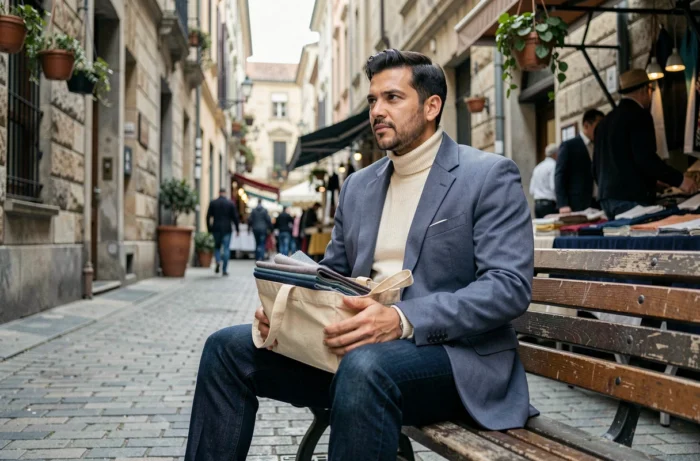 Homme stylé en blazer bleu et jean droit assis dans un marché urbain aux pavés anciens