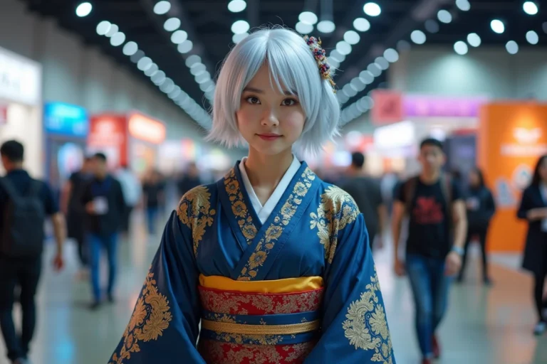 Jeune femme en cosplay kimono coloré inspiré de l'anime japonais lors d'une convention Japan Expo