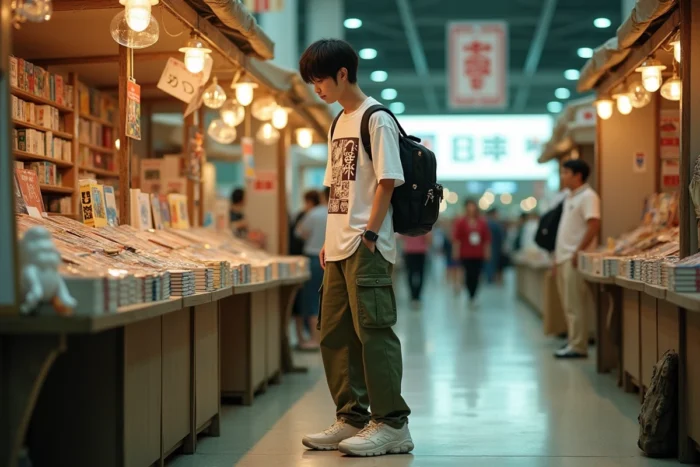 Jeune homme en tenue streetwear japonaise casual parcourant les stands de manga à la Japan Expo