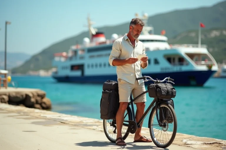 Homme avec vélo chargé de sacoches attendant le ferry pour Porquerolles sur le quai de la Tour Fondue
