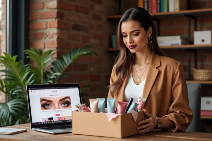 Femme déballant une box beauté tendance sur un bureau en bois dans un bureau à domicile stylisé