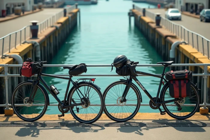 Deux vélos attachés à la rampe du ferry au départ de La Tour Fondue vers Porquerolles