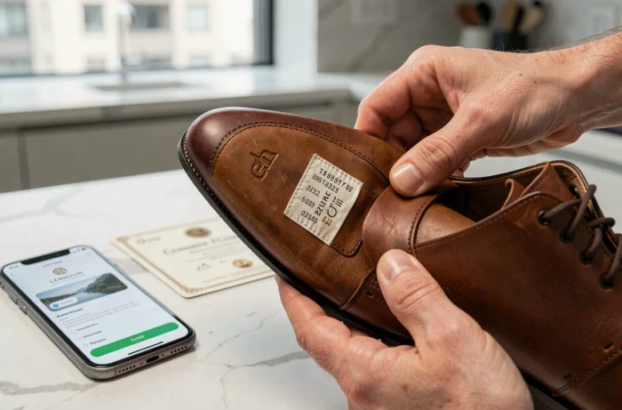 Gros plan sur l'étiquette intérieure et les coutures d'une chaussure en cuir pour vérifier son authenticité avec une application mobile
