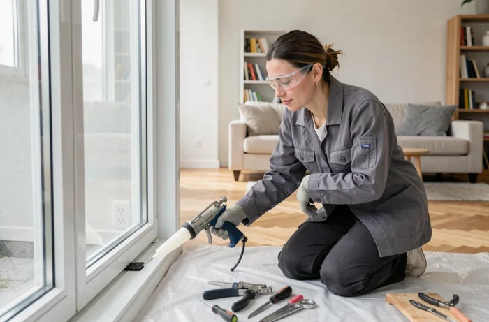 Vitreuse féminine en intervention dans un appartement moderne, utilisant un pistolet à silicone pour remettre en état le cadre d'une fenêtre retirée