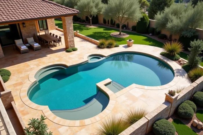 Vue en plongée de deux coques piscine de couleurs différentes, bleu cobalt et sable, installées dans un jardin de luxe avec dallage en travertin