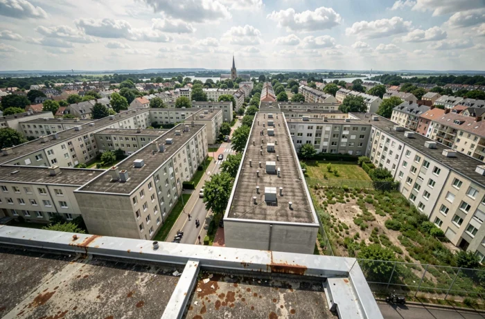 Vue en plongée sur les toits d'un quartier populaire de Blois avec immeubles sociaux et la vallée de la Loire en arrière-plan